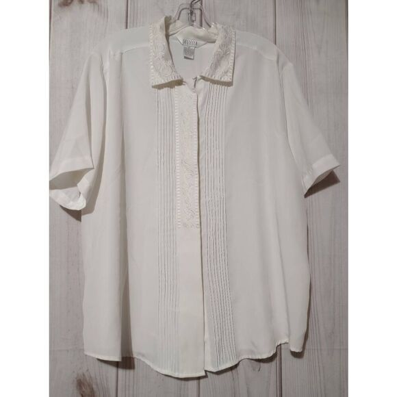 Sellecca Shirt Ladies 18 Button Front Short Sleeve White Embroidered Semi Sheer - Picture 1 of 8